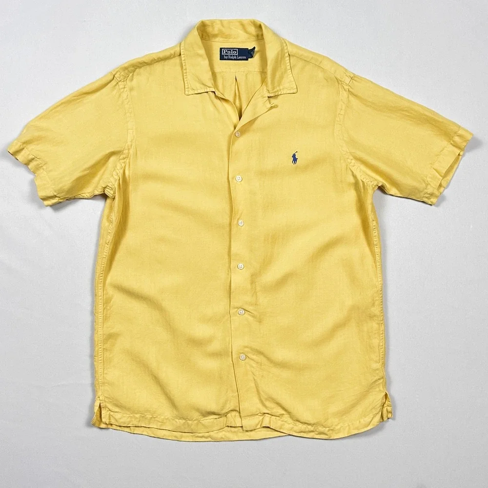 Polo Ralph Lauren Camp Shirt Mens Medium Silk Linen Herringbone Resort Yellow